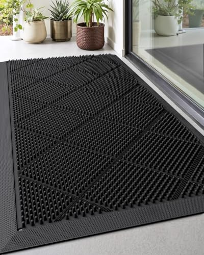 DEXI Front Door Mats Outside Entrance, 17x36 Rubber Waterproof Dirt Trapping Entry Mat for Entryway, Heavy Duty Non-Slip Low-Profile Welcome Doormat All Weather for Patio, Black