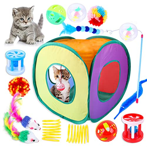 Tbest SET DI 15 GIOCATTOLI PER GATI, TENDA ARCOBALENO Interattiva con Campanelli e Bachetta DI Piume, Resistenza e Sicuro PER Gatti Antivi, Pieghevole e Facile da Ripore, Incoraggia