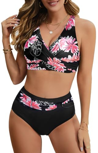 Nadeer Costume Donna Due Pezzi Costume da Bagno Push up Imbottito Reggiseno Bikini Costumi da Mare a Vita Alta Swimwear Regolabile(Stampato D,M)