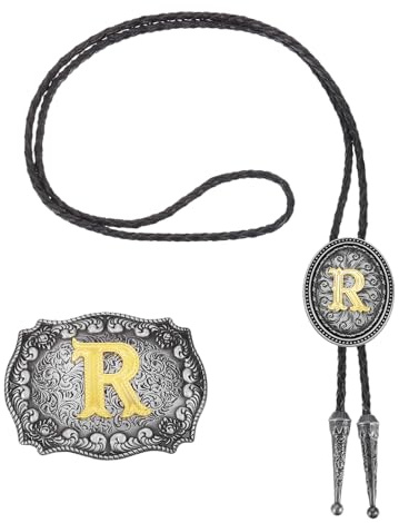 sourcing map Set di cravatta e fibbia per cintura da cowboy occidentale con lettera iniziale dorata in pelle bovina cravatta per donne uomini costume tradizionale accessori vintage, Grigio Nero/Oro