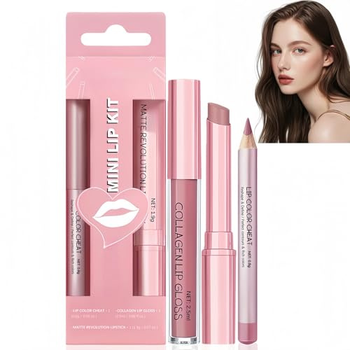 3PCS Matte Liquid Lipstick & Lip Liner Set,Red & Nude Pink Long Lasting Lipstick Makeup Set,Hydrating Waterproof Lip Stain & Colla/gen Lip Gloss for Dry Lips,Matte Liquid Lipstick Set(#1)