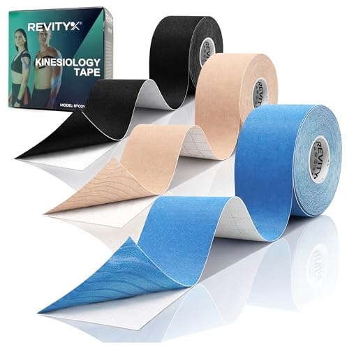 Revity Tape Sportivo - Set da 3 Rotoli 5 cm x 5 m Nero, Blu e Beige - Nastro Kinesiologico Elastico per lo Sport e la Fisioterapia, Tape Resistente all'Acqua, Latex-free, Dispositivo Medico CE