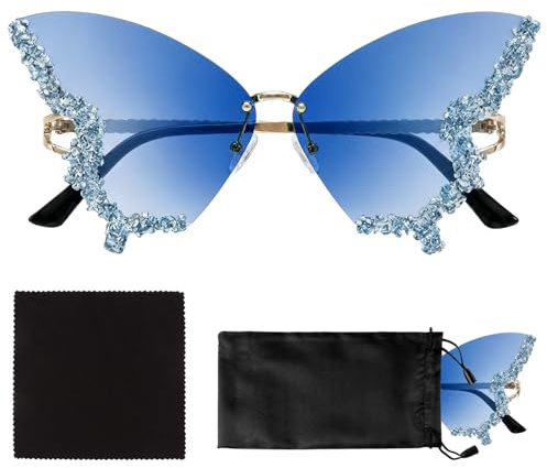 HIVTE Lunettes de Soleil Papillon sans Monture pour Femme avec Strass