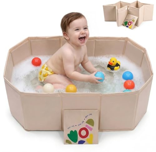 Bañera plegable para bebé, 75 cm, portátil, para recién nacidos y niños pequeños, antideslizante, ahorra espacio, bañera plegable con tapón de drenaje, sin BPA, color blanco crema