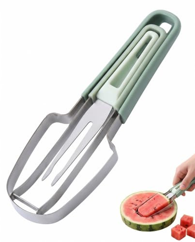BTACGWP Taglia Anguria 3 in 1 Acciaio Inox, Coltello per Cocomero e Melone, Forchette Incluse, Affetta Fette Spesse Uniformi, Soluzione Pratica per Consumare la Polpa Fresca