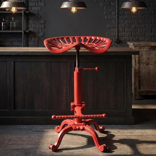Diwhy Rustic Industrial Farmhouse Tractor Seat Adjustable Bar Stool Industrial bar Chair (Aged Red, Cast Iron)