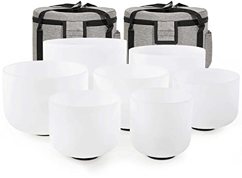 CVNC, Juego de 7 cuencos tibetanos de cristal de cuarzo esmerilado de 432 Hz de 15 cm a 30 cm, para terapia de sonido, meditación terapéutica, incluye 2 estuches de regalo
