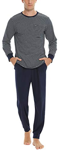 Sykooria Pijama Hombre Algodón Conjunto de Pijama de Manga Larga Ropa de Dormir 2 Piezas Conjunto de Pijama a Rayas y Pantalones Largos con Bolsillos S-3XL(Azul Marino,L)