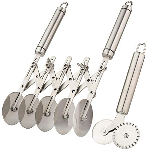 Teigschneider mit 5 Rädern und Griff, 2 Stück, Edelstahl, Doppelschneider, verstellbar, Pizzaschneider, Multi-Rund-Teigschneider