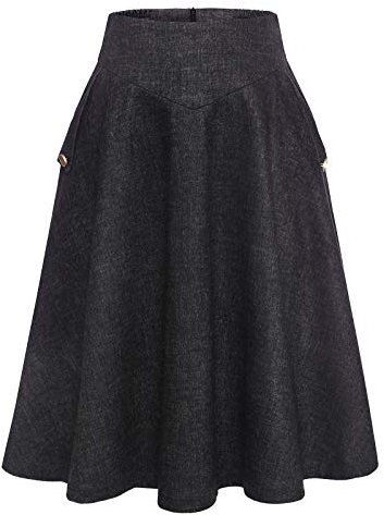 Damen Lang Vintage Elegant Plaid Winterrock - Warm Elastische Taille A-Linie Röcke Casual Hohe Taille Midi Rock - Black XL