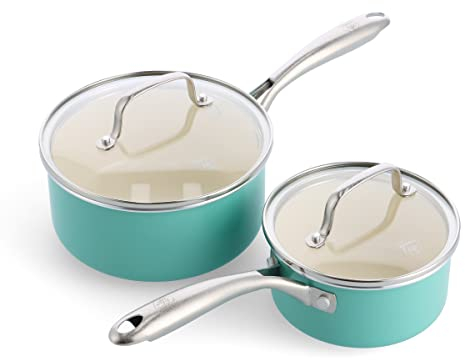 GreenLife Artizan Healthy Ceramic Non-Stick 14cm/1l and 18 cm/2l Saucepan Pot Set with Lids, Stainless Steel Handle, Induction, PFAS-Free, Oven Safe, Turquoise