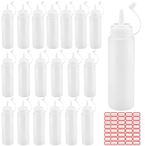 SINJEUN 20 Pack Squeeze Bottles with Caps, 250ml/8.8oz Plastic Sauce Bottle with Labels, Squeeze Condiment Bottles Squeezy Sauce Bottles for Ketchup, Oil, Icing, Translucent White