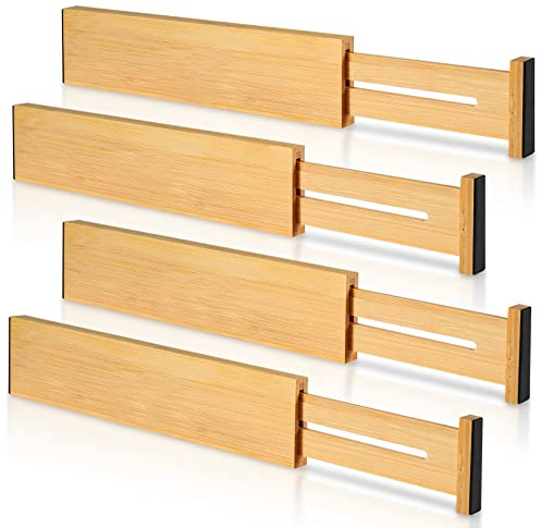 4 Pack Bamboo Drawer Dividers 2.6 High, Adjustable Length from 12 Inch to 17 Inch, Expandable Kitchen Drawer Organizer Separators for Clothes, Kitchen, Bedroom, Dresser, Office (Beige)