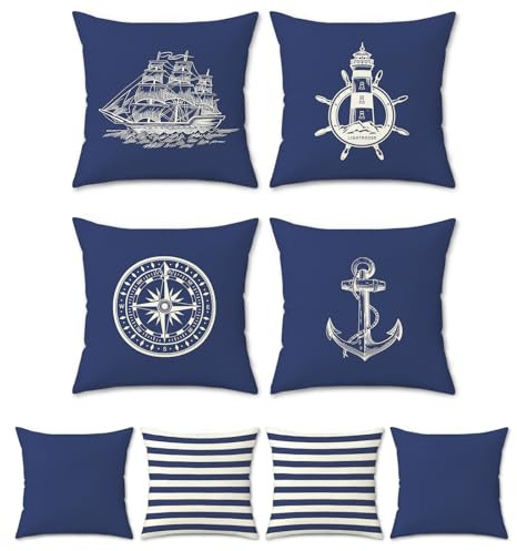 Bonhause 4er Set Kissenbezüge Nautisch Maritim 40 x 40 cm Doppelseitig Anker Kompass Segelboot Polyester Leinen Dekorative Kissenhülle Zierkissenbezüge für Sofa Wohnzimmer Zuhause Dekoration