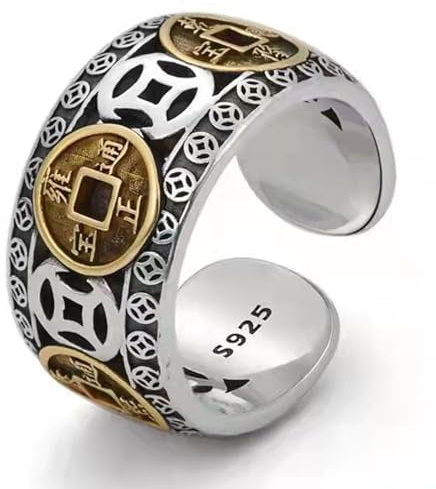 Anillo auspicioso de monedas de cinco emperadores, anillo abierto ajustable, atrae dinero patrimonial y anillo de la suerte, anillo chino Feng Shui for hombres y mujeres, regalo de joyería de cumpleañ
