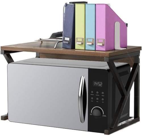 Shally Dogan Scaffalatura Salvaspazio Porta Microonde in Acciaio e Legno, Scaffale da Cucina con 1 Ripiano, Unità di Mensole Piedini Antiscivolo, Mensola Multiuso Design Moderno (Noce + Nero)