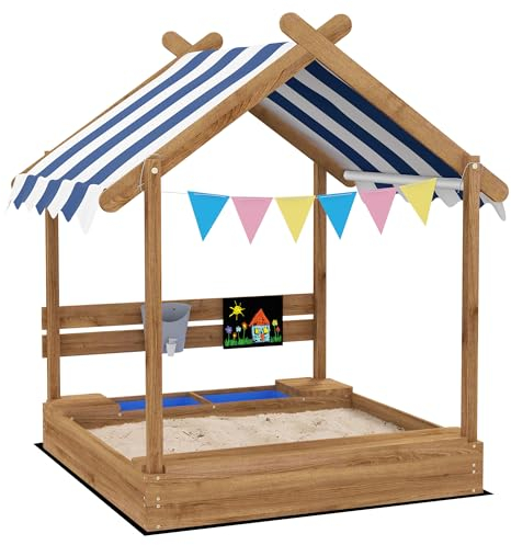 Outsunny Vassoio per sabbia in legno, forma di casa per bambini, 124 x 116 x 146 cm, con baldacchino, 2 vasche, lavello, lavello, lavello, lavagna nera, bandierine - legno abete Autoclave