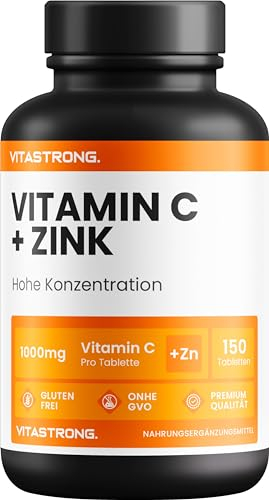 Vitastrong Vitamin C 1000mg Zink Tabletten Hochdosiert, Vitamin C Zink Vegan GVO-Frei, 1 Tablette/Tag (5-Monats-Vorrat) Premium-Qualität, Vit C für Immunsystem, Haut & Stoffwechsel, 150 Tabletten