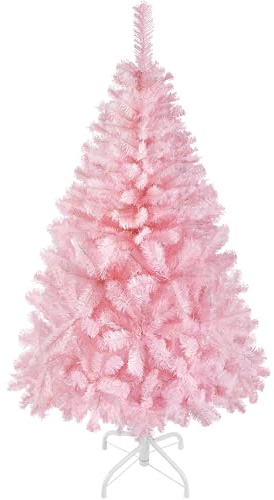 Yaheetech Albero di Natale 124 cm Artificiale Folto Alberi Effetto Realistico con Supporto in Metallo Pieghevole Portatile Decorazione Natalizia per Casa Negozio Rosa
