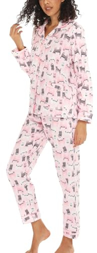 ENJOYNIGHT Womens Cotton Flannel Pyjamas Long Sleeve Button Down Pjs Set | Soft Nightwear, Classic Button Front Top, Two Pockets, Drawstring Bottoms, Ideal for Sleep and Lounge