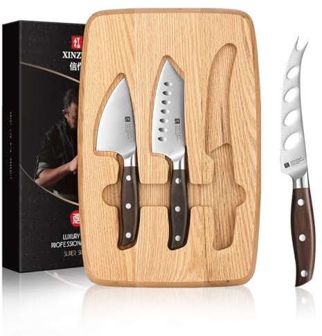 XINZUO Cheese Knife Set with In-Drawer Block, 4-Piece for Charcuterie Board,Hard Cheese Knife-Parmesan Cheese Knife,German Stainless Steel,Red Sandalwood Handle