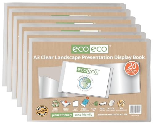 eco-eco Eco176x6 - Raccoglitore per presentazioni, formato A3, 50% riciclato, 20 tasche, trasparente, con buste in plastica, confezione da 6