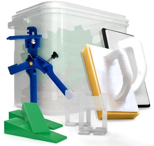 Kronen-Hansa Kit de nivellement pour carrelage, aide à la pose de carrelage, largeur de joint de 2 mm, 100 languettes de traction, 100 cales, pince, planche à joints et planche à laver en éponge hydro