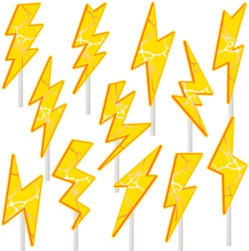 Lightning Cupcake Toppers 24Pcs Flash Cake Decorations Gold Lightning Weather Party Decorations Lightning Cupcake Picks Yellow Lightning Birthday Party Decorations for Baby Shower Supplies