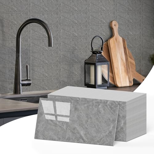 Vieshful 25 Pack Self Adhesive Wall Tiles, 10 x 20 cm PVC Marble Wall Panels, Back Splash Stick on Tiles for Kitchen, Bathroom, Laundry Room, Fireplace Gray