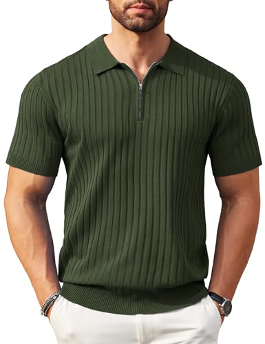COOFANDY Herr pikétröjor kortärmad dragkedja stickade pikétröjor stretch golf vertikal randig polo t-shirt