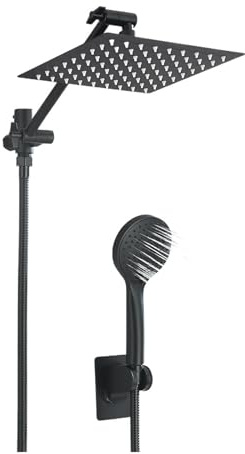 Soffione doccia a pioggia ad alta pressione nero/combo portatile con braccio di estensione 6 impostazioni Altezza/angolo della regolabile(Black 8 Inch Kit)