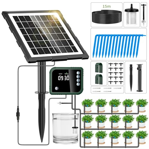 Forever Speed 350 Modos Sistema de Riego Automático Solar con Controlador, [Manguera de 15 M] Kit de Sistema de Riego por Goteo Automátic para Jardín, Balcón, Invernadero, Césped