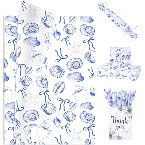Larcenciel Papel de Seda Azul y Blanco con Diseño de Conchas Marinas, 60 Hojas Papel Seda para Envolver con Estrella de Mar Costera Caracoles para Boda Cumpleaño Fiesta Aniversario DIY 50x35CM