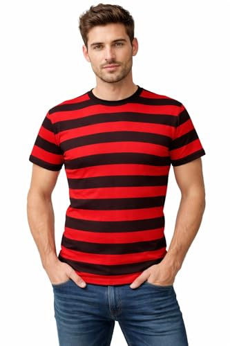 NuJake Adults Red & Black Striped T-Shirt - Cotton School Book Day Character Fancy Dress Costume -
