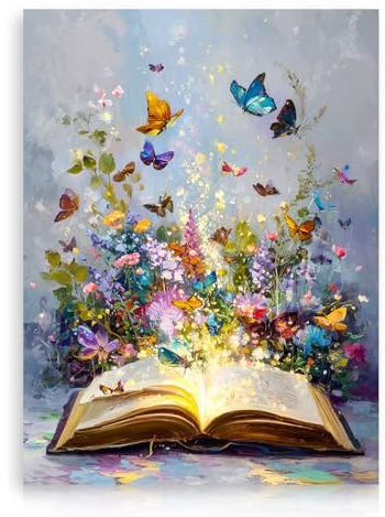 Dazzlewall Vintage Aesthetic Book Poster, Vibrant Book with Butterflies Canvas Art for Living Room Study Library Decor 12x16 in Unframed