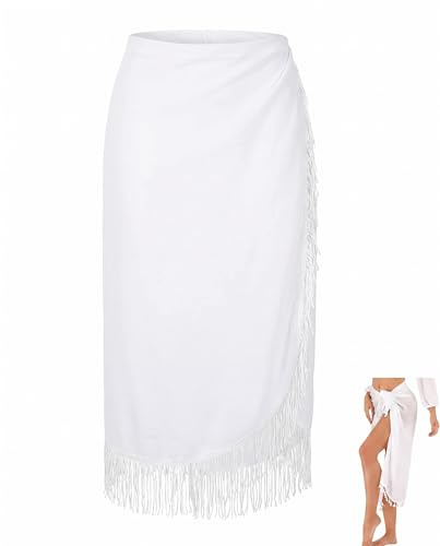 HAPZUR Pareo Femme Plage Blanc à Franges – Sarong Wrap Léger, Jupe de Plage & Cache Maillot Transparent