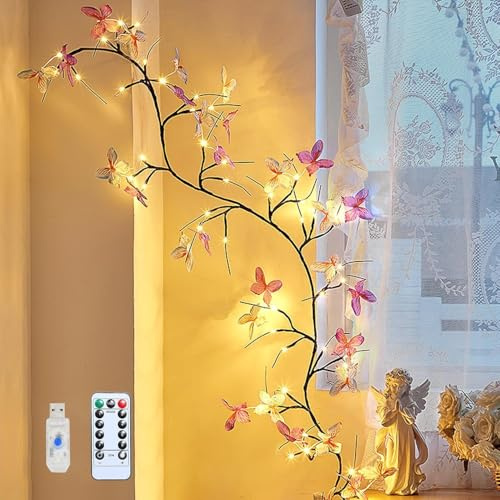HoldOneLight Guirnalda Luminosa Rama de Sauce 1,2 m 48 LED, Guirnalda de Pared con Mariposas de Tres Colores y Mando a Distancia, Ramas de Sauce Artificial, Decoración de Primavera para Interiores