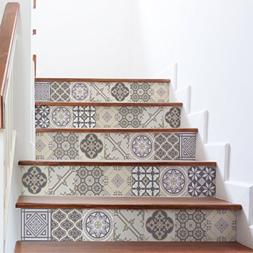 Stickers Adhesivos Escalera carrelages | contremarche Azulejos de Cemento - Adhesivos contremarche carrelages | Escalera Cuadros de Cemento Adhesiva - Azulejos - 15 x 105 cm - 6 Bandas