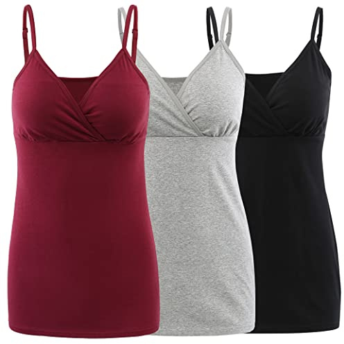 COLOMI Maternity Nursing Tank Tops Built in Bra for Breastfeeding Basic Camisole (S,Black+Grey+Red Wine/3Pack)