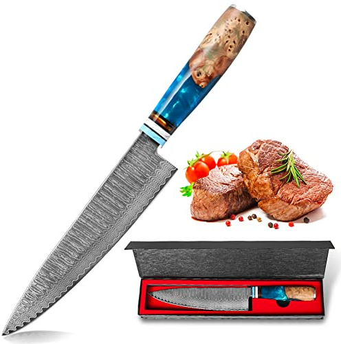 Home Safety Damascus Chef's Knife, Kitchen Knife Made of 67 Layers of Damascus Steel, 20 cm All-Purpose Knifes, Professional Chefs Knifes with Ergonomic Blue Resin Handle for Home Restaurant