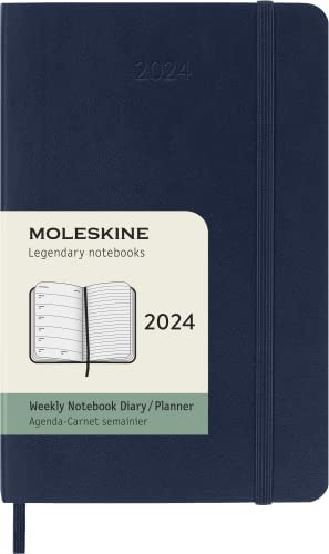 Moleskine Weekly Agenda with Space for Notes 12 Months 2024, Agenda 2024, Size Pocket 9x14, Soft Cover and Elastic Closure, Colour Sapphire Blue