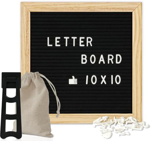 4 THOUGHT Letter Board Sign with 500 Letters 10 x 10 Felt Letter Board with Stand for Back to School Oak Wooden Frame Message Board Black Announcement Board Valentine's Day Gift