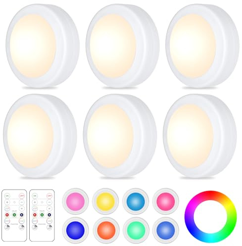 Yiliaw 6 Pack LED Puck Lights Remote Control 16 Color Changeable Under Cabinet Lights, Battery Operated Lights Night Light with Dimmer & Timmer for Closet Bedroom Kitchen, White