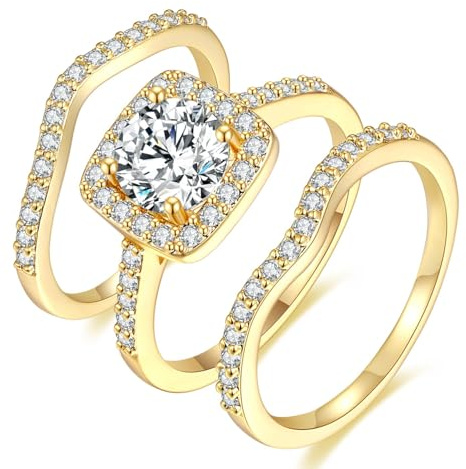 MDFUN18K Yellow Gold Plated Cubic Zirconia Three-in-One Halo Wedding Engagement Promise Eternity Ring for Women (7)