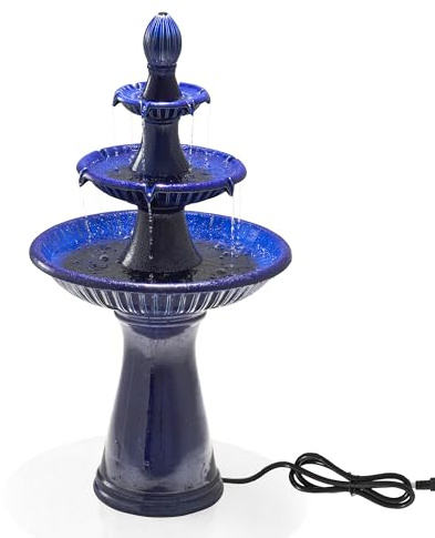 Glitzhome Three Tier Outdoor Floor Standing Fountain with LED Lights and Pump, 45.25 Tall Water Fountain Outdoor Fountains and Waterfalls Ceramic Blue Patio Fountains for Garden Backyard Lawn Decor
