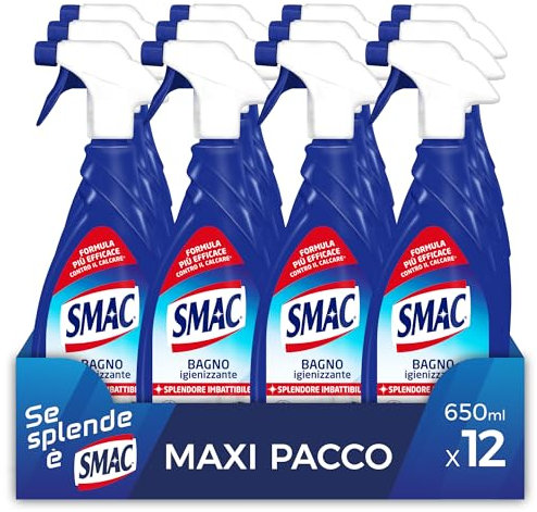 Smac - Bagno Igienizzante, Detergente Spray Multisuperficie con Azione Anticalcare e Tecnologia Zero Aloni, 650 ml x 12 Pezzi