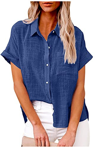 Camicia con Bottoni Donna Cotone e Lino, Donna Camicia Casual in Lino e Cotone con Maniche Corte e Colletto a Revers in Tinta Unita Leggera e Comoda per L'Estate Camicetta da Donna alla Moda