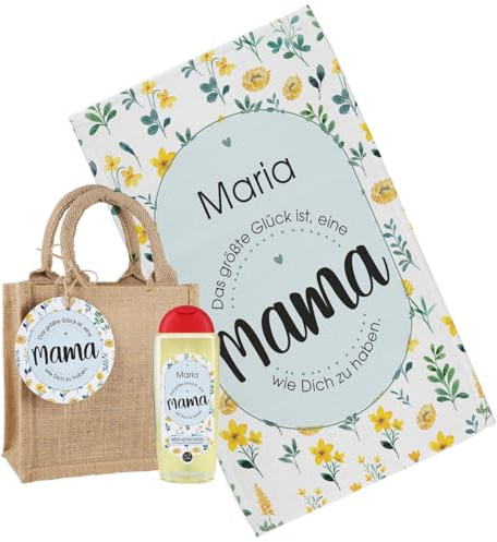 Herz & Heim® Geschenkset mit Duschbad, kleinen Handtuch in Jutetüte, personalsiert (Glück ist)