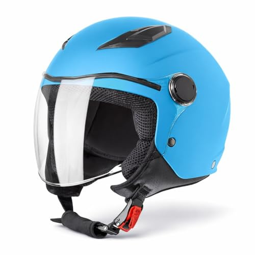 VINZ Magic Casco da Moto Per Bambini | Casco Jet nelle taglie YS–YXL | Casco per Bambini per Moto, Scooter e Motorino | Certificato ECE 22.06 - Azzurro Chiaro