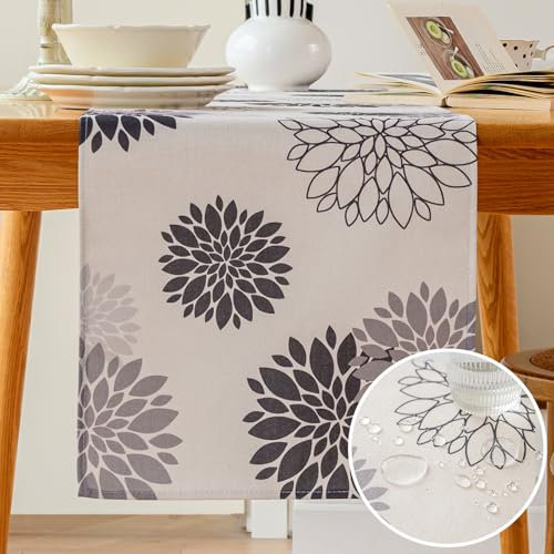 Vorysum Tischläufer Blumen Grau Dahlien Modern Tischläufer Wasserabweisend Leinen，Dekoration Tischdecke Outdoor Sommer Garten für Hochzeit Esszimmer Party Urlaub Dekor 33 x 120 cm